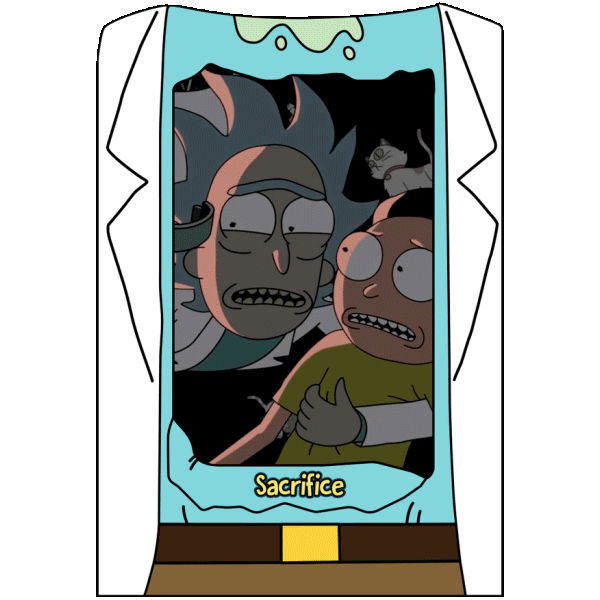Animated card showing Rick sacrificing himself to save Morty.