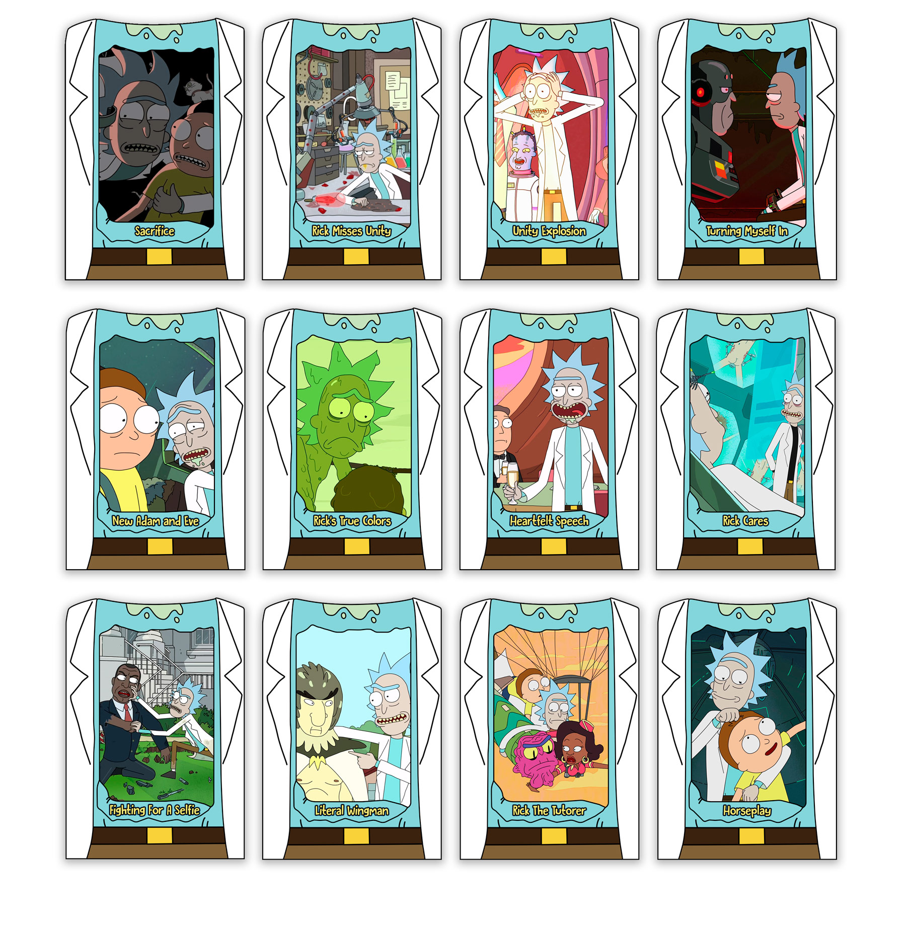 Image of 12 card fronts from the Rick Really Cares card set.