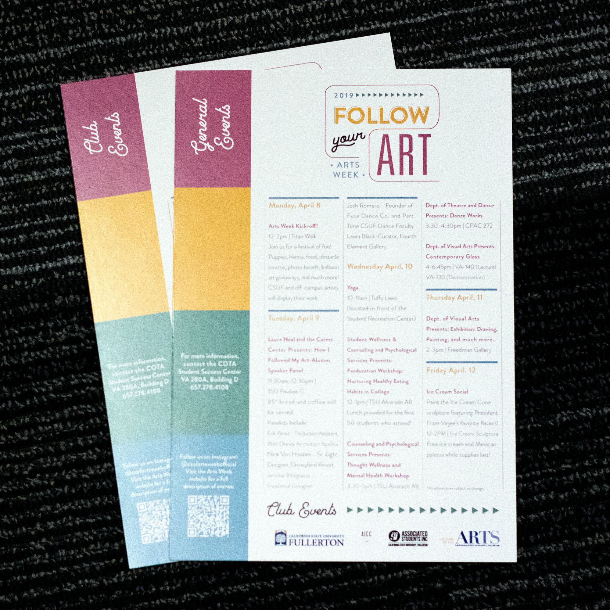 Two sided Arts Week 2019 flyers with one side showing the general events and the other side shows club events.