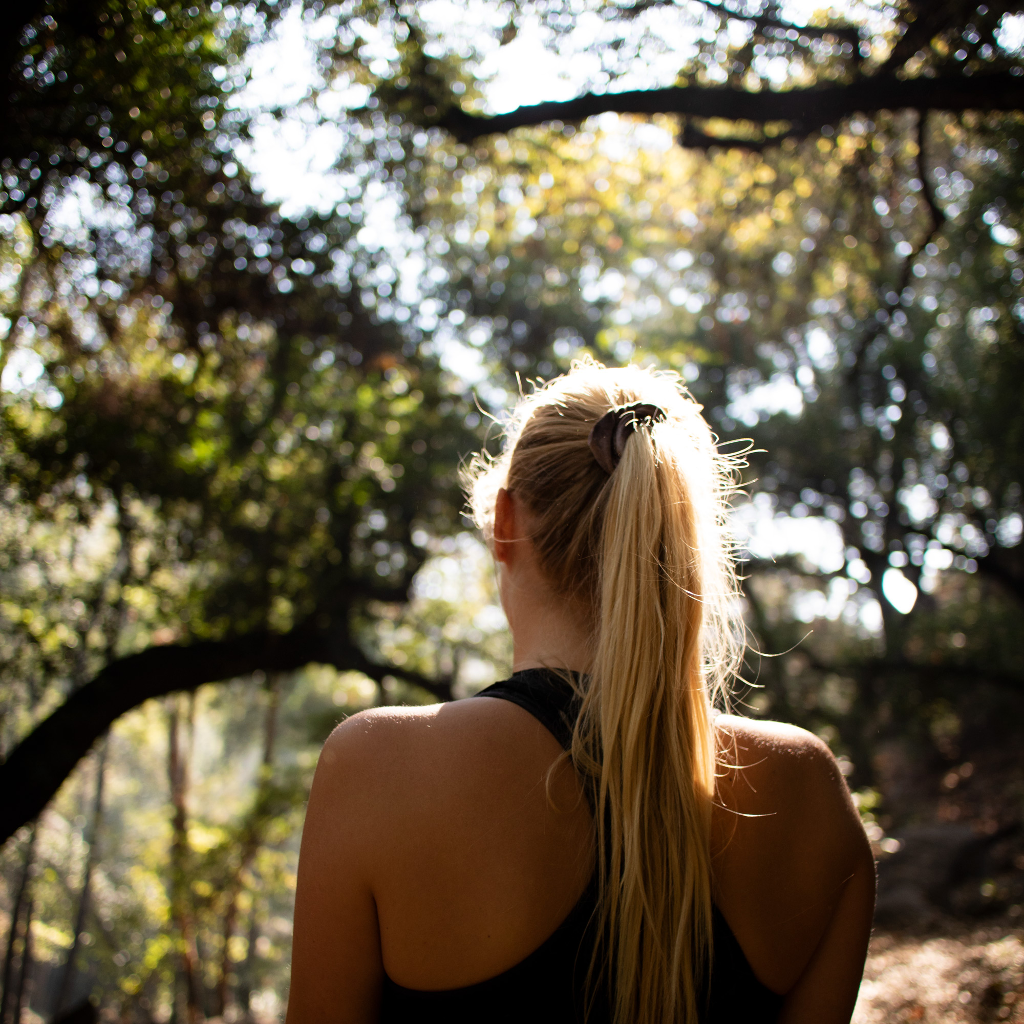 Portrait of a blonde woman from behind with the subject facing away towards the trees.