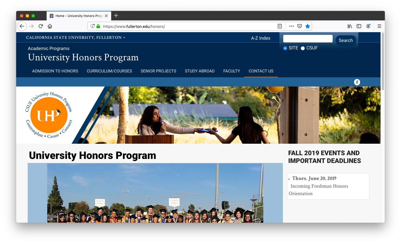 Screenshot of the University Honors Program website from June 2019.